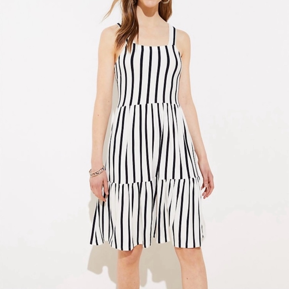 LOFT Striped Tiered Square Neck Dress